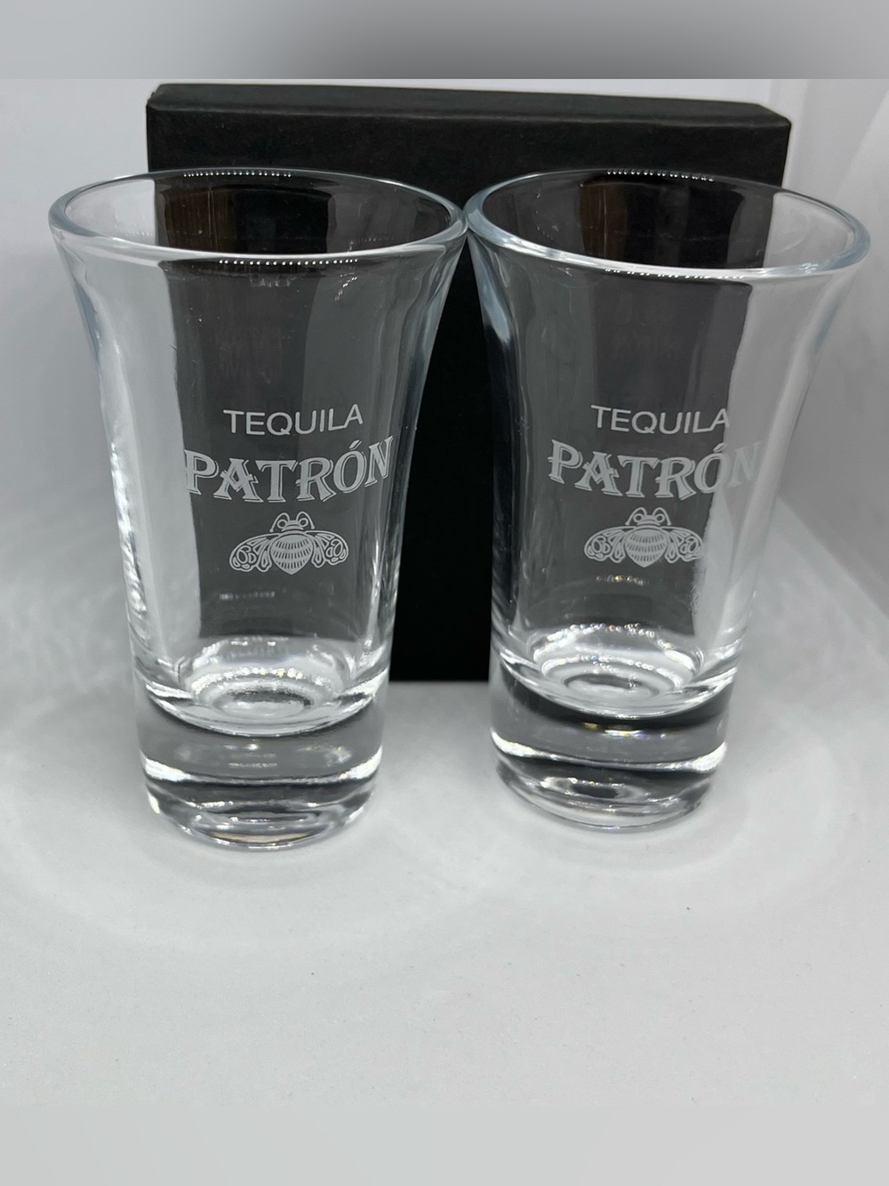 Set of 2 Patron Tequila Shot Glasses 2 oz Double Shot Etched Logo WeightedBottom